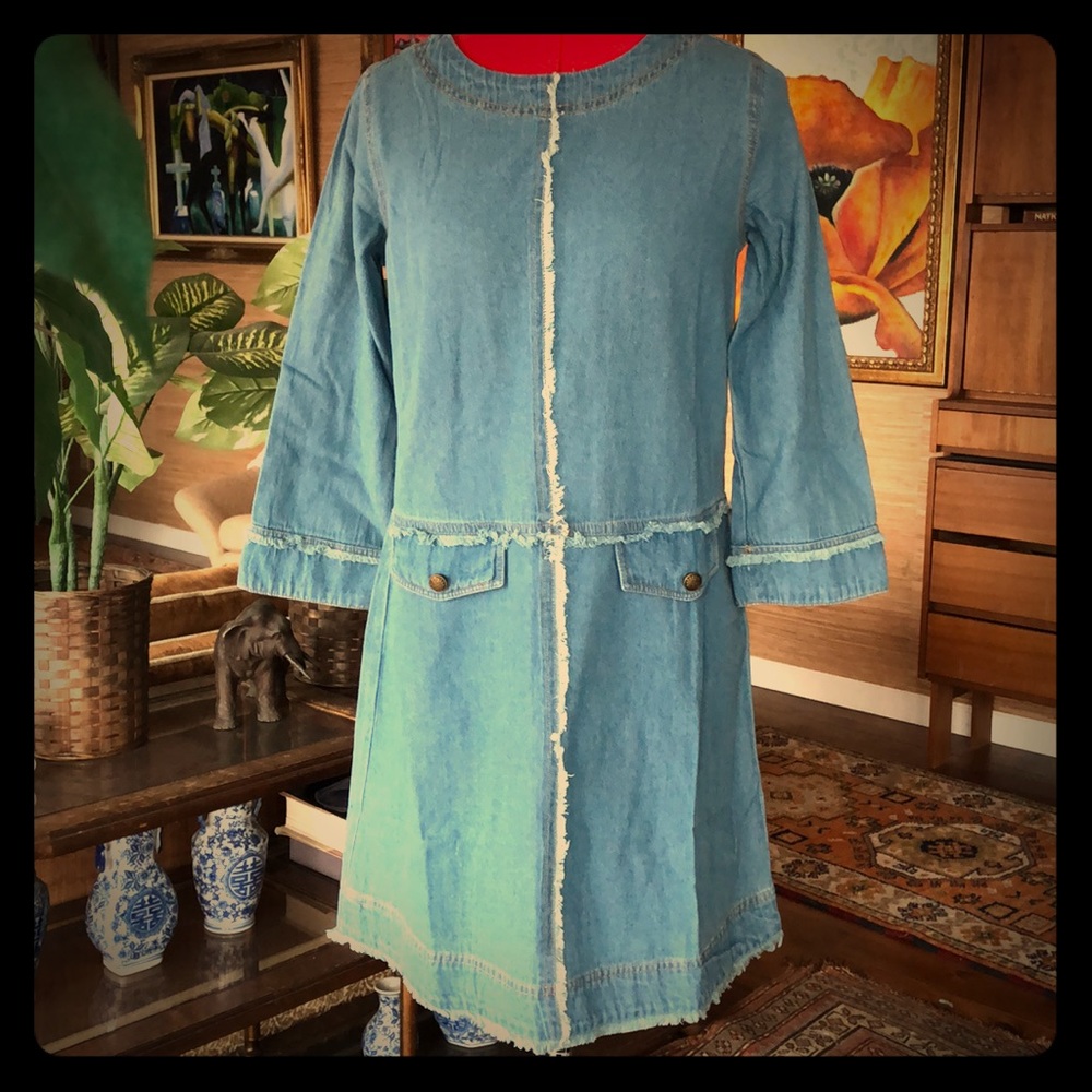 NWT denim jeans fringe mini dress light wash boho